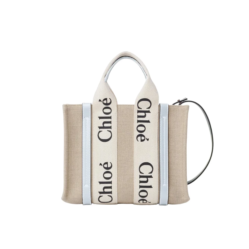 Chloé Small Woody Tote Bag Linen canvas Calfskin With Chloé Logo - MB020