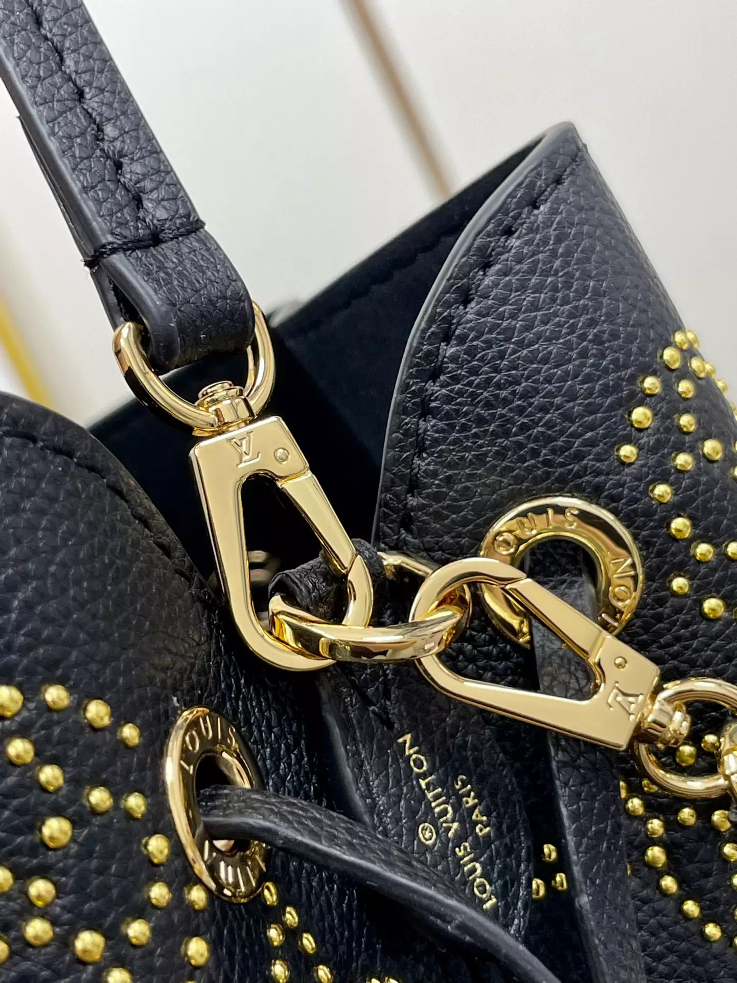 Bella Bucket Bag Monogram Gold Lamination Black Leather