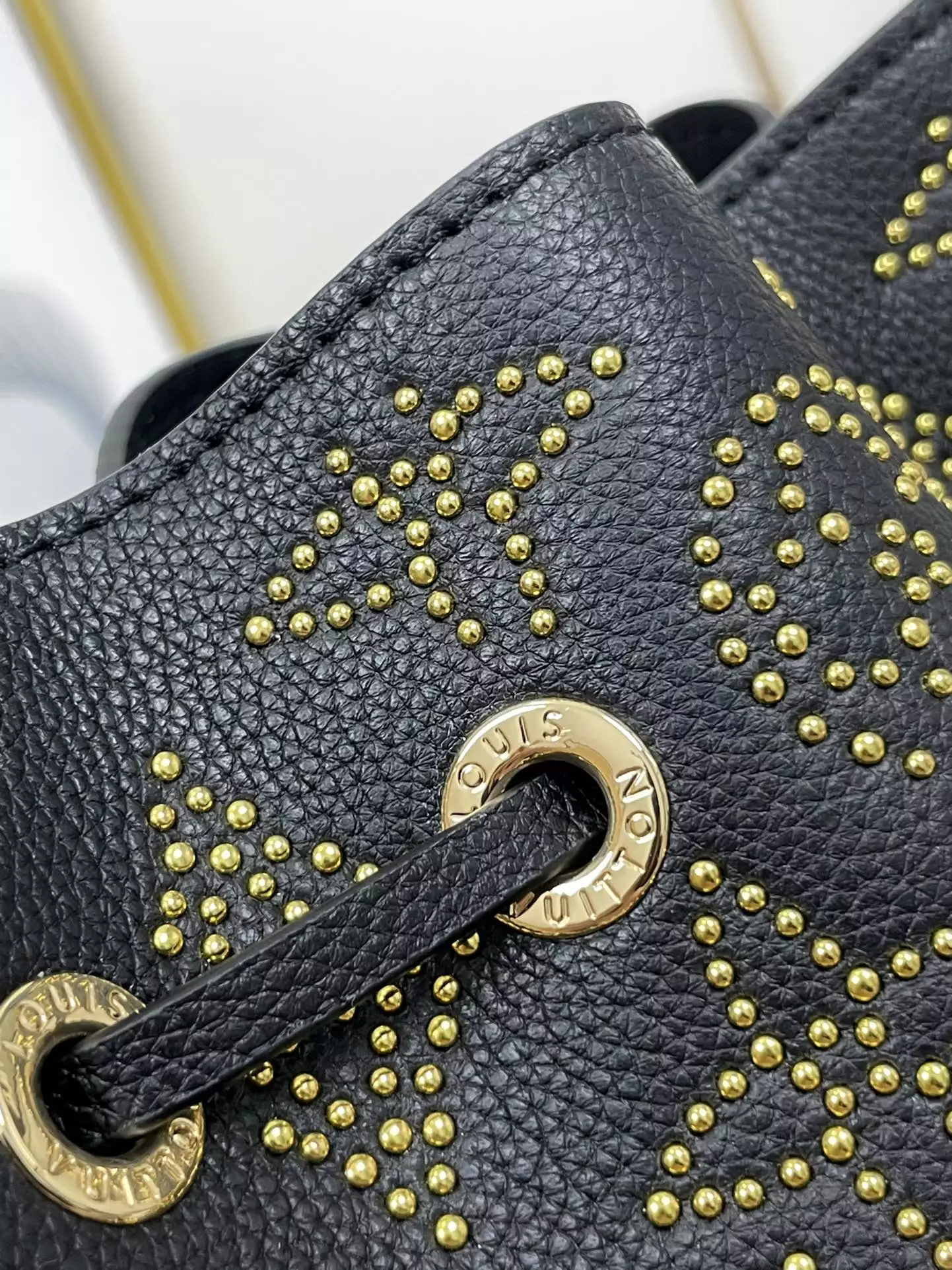 Bella Bucket Bag Monogram Gold Lamination Black Leather