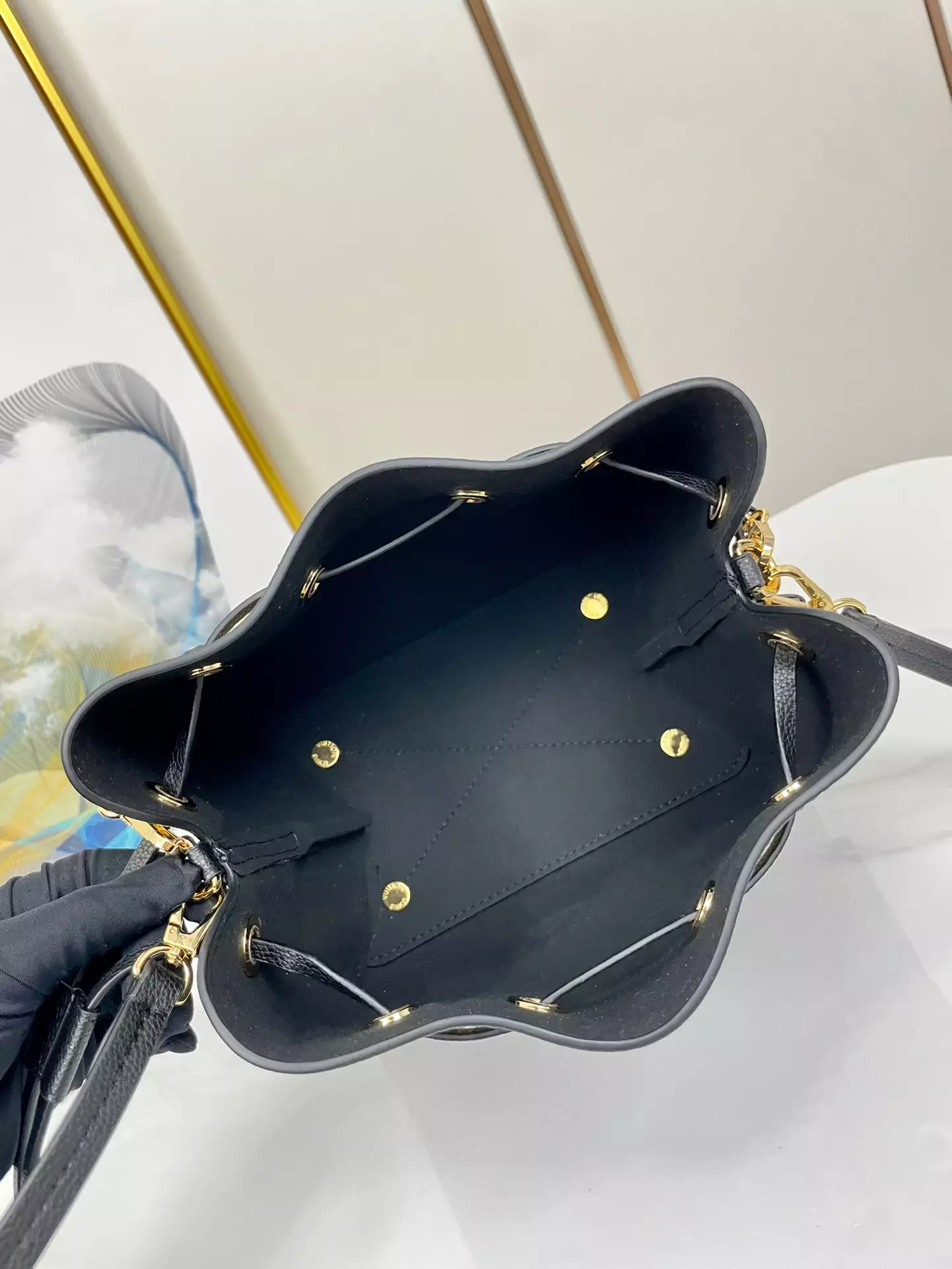 Bella Bucket Bag Monogram Gold Lamination Black Leather