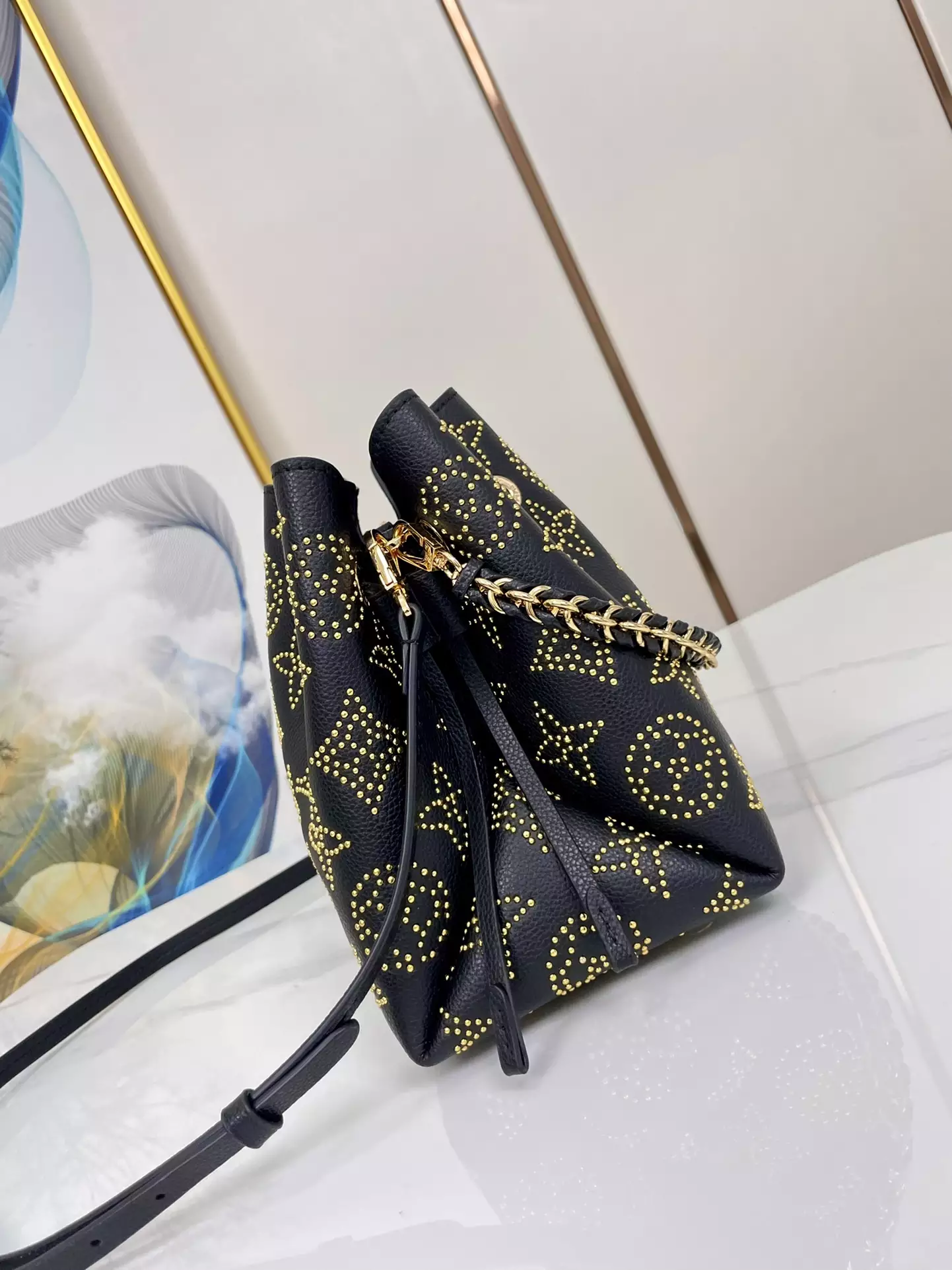 Bella Bucket Bag Monogram Gold Lamination Black Leather