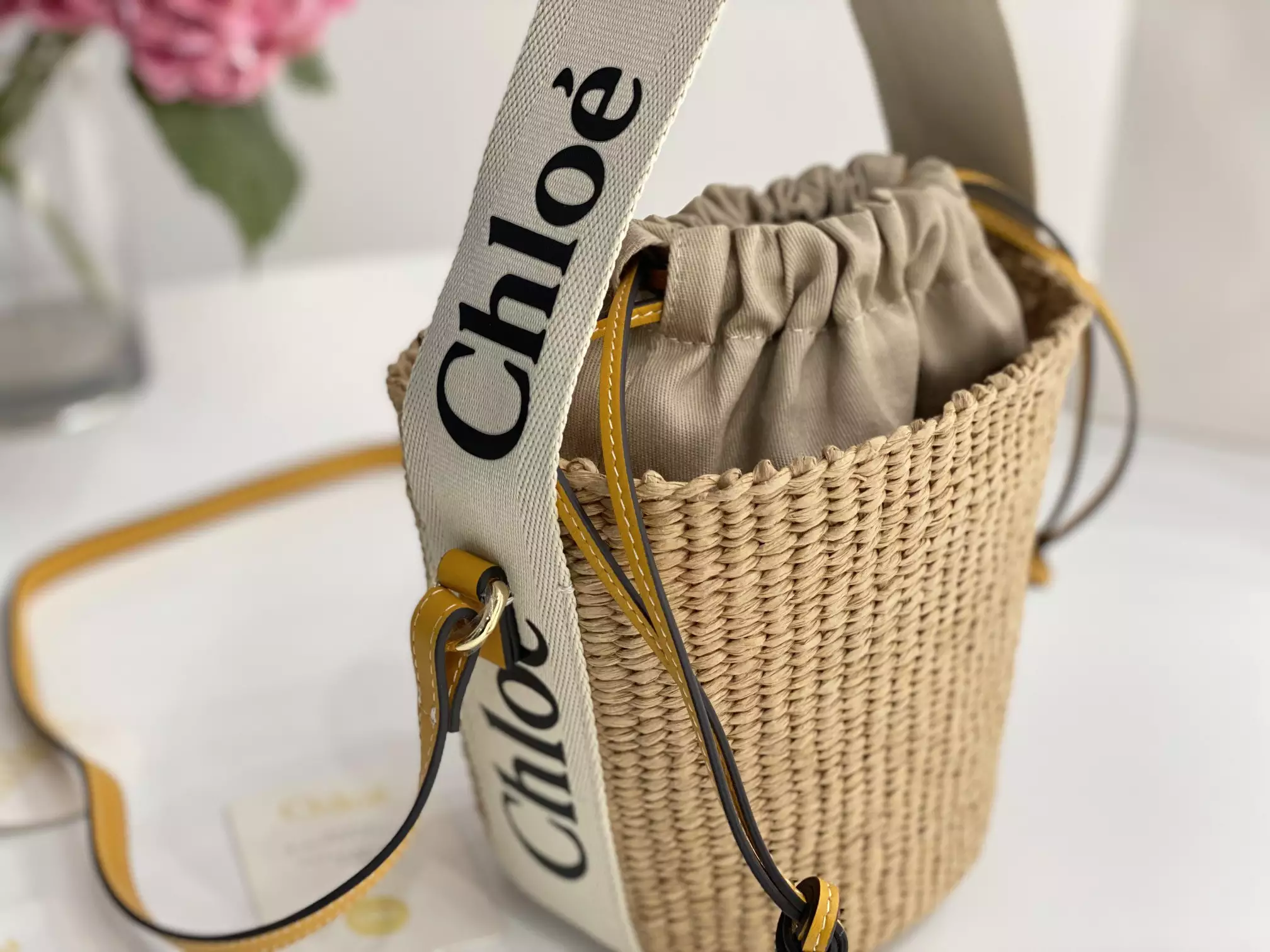 Chloe Small Woody Basket in White/Yellow