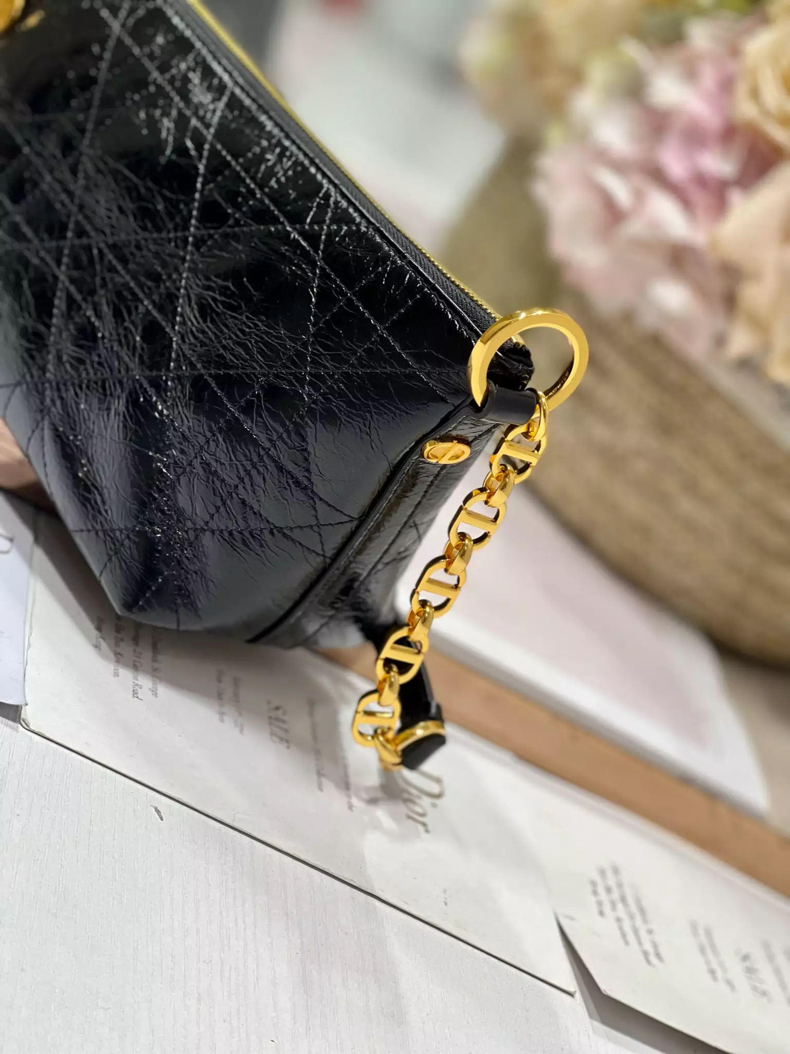Diorstar Hobo Bag with Chain Black Macrocannage Crinkled Calfskin