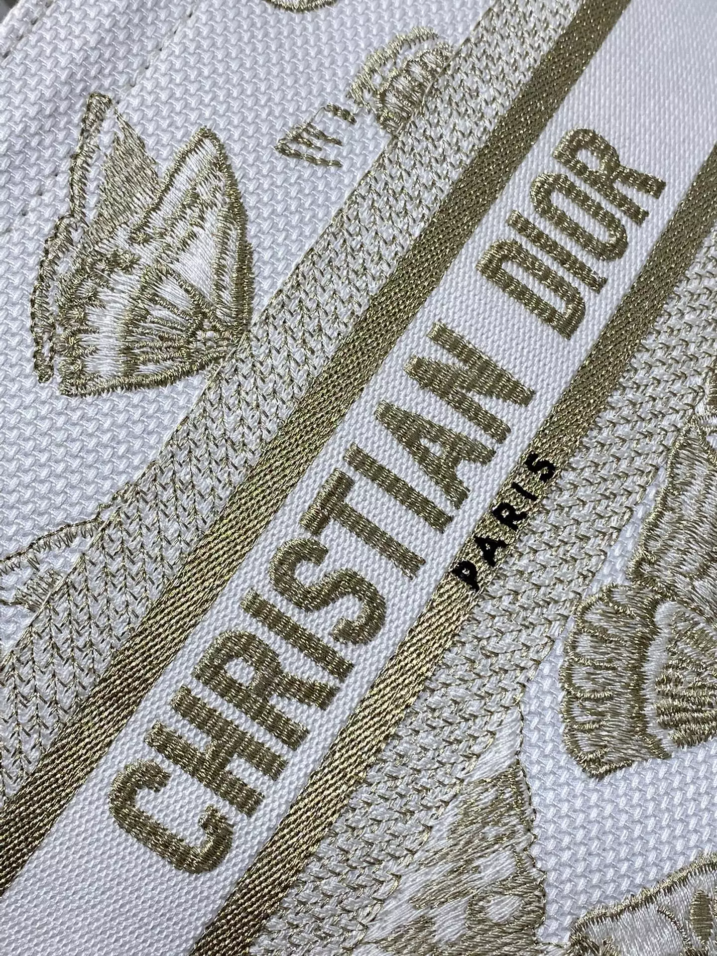 Hat Basket Bag White and Gold-tone Gradient Butterflies Embroidery