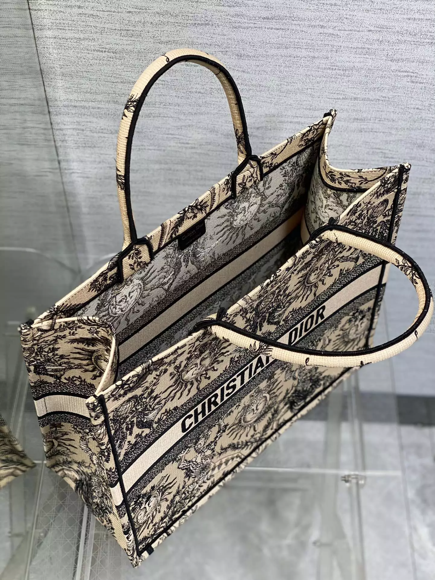Large Dior Book Tote Beige and Black Toile de Jouy Soleil Embroidery