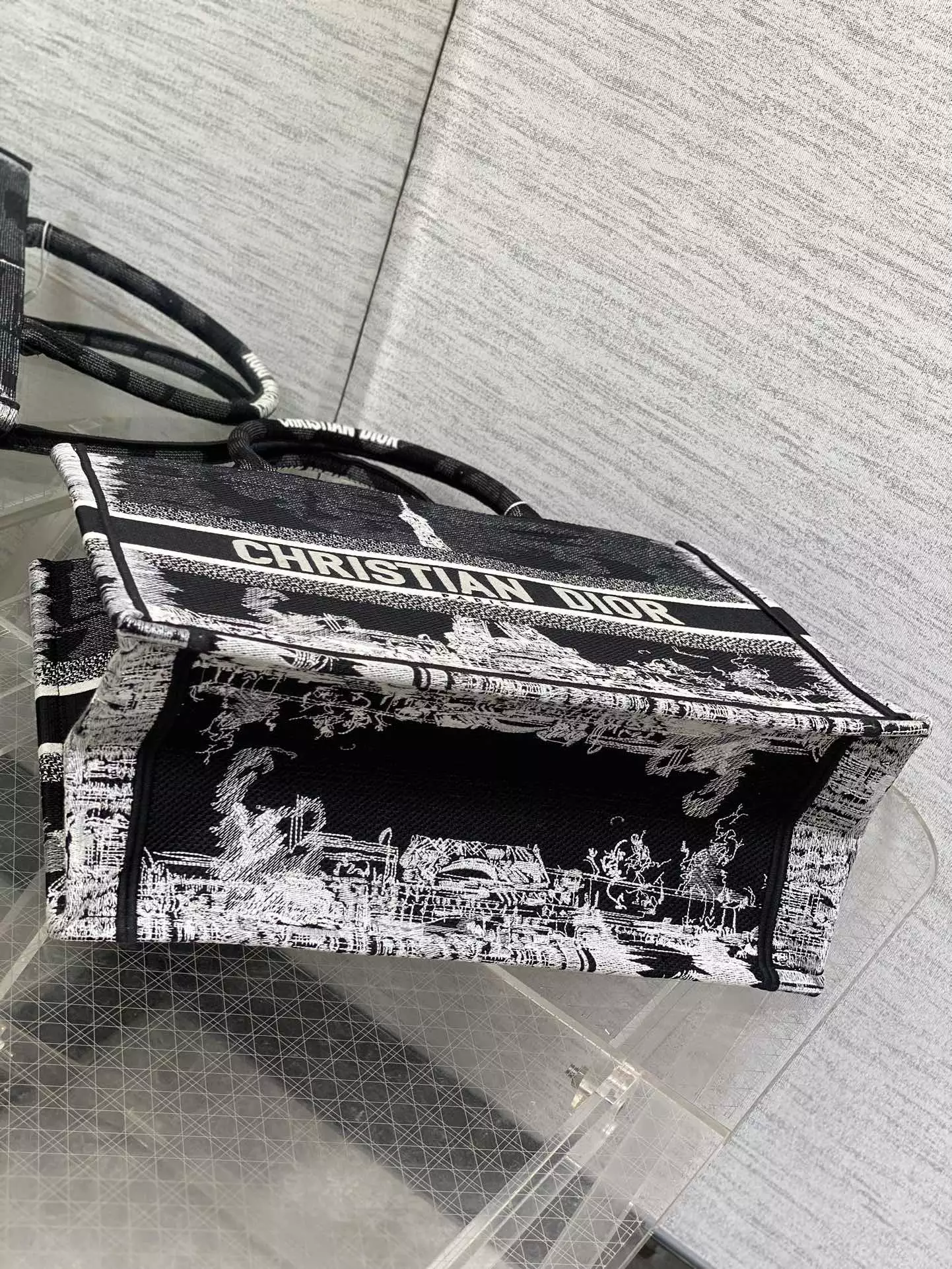 Medium Dior Book Tote Black and White Paris Embroidery