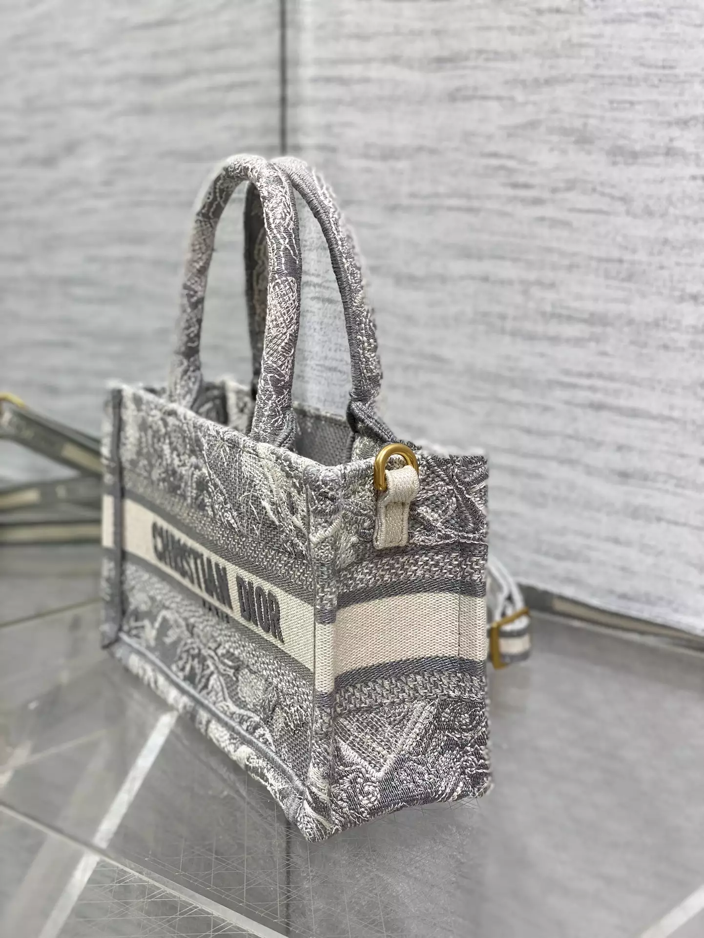 Mini Dior Book Tote Gray Toile de Jouy Reverse Embroidery