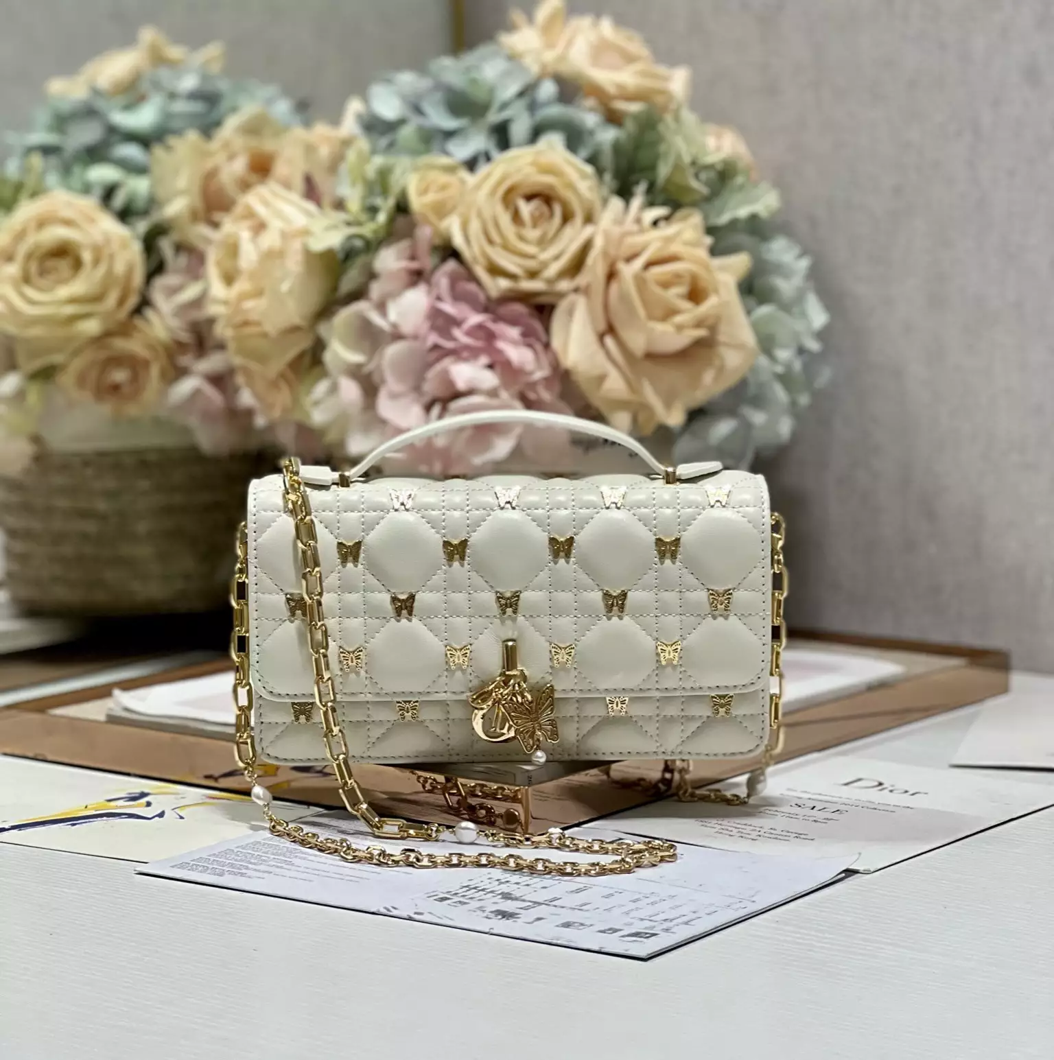 My Dior Mini Bag White Cannage Lambskin with Gold-Finish Butterfly Studs