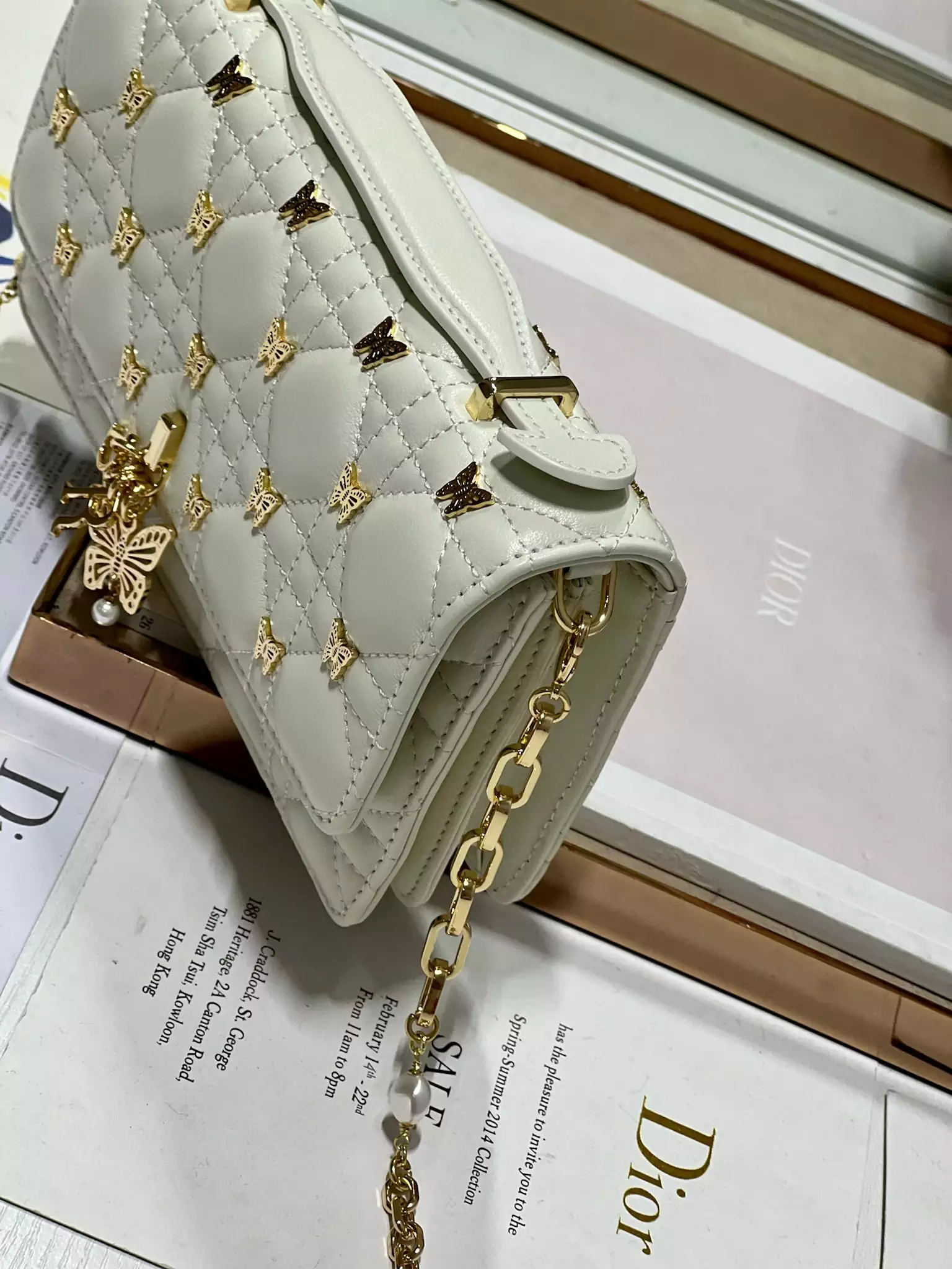 My Dior Mini Bag White Cannage Lambskin with Gold-Finish Butterfly Studs