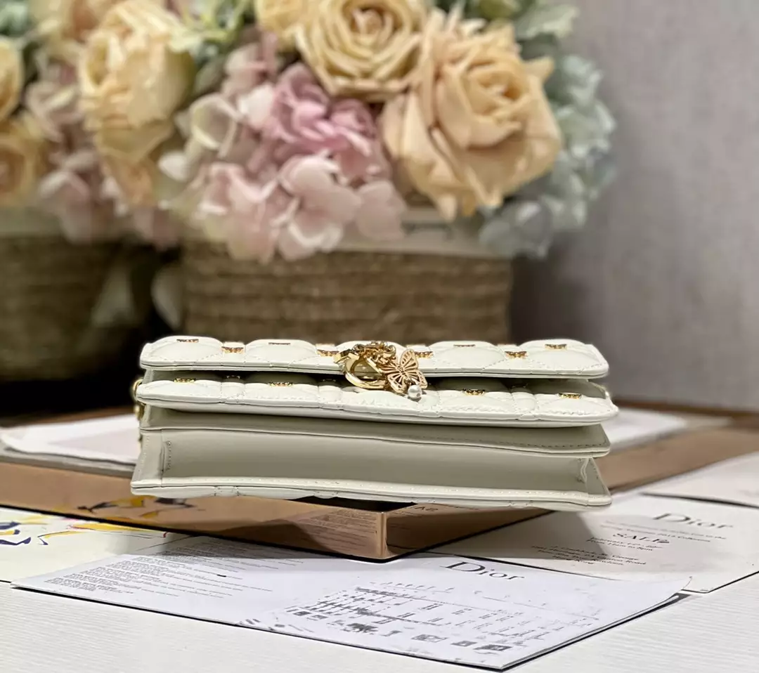 My Dior Mini Bag White Cannage Lambskin with Gold-Finish Butterfly Studs