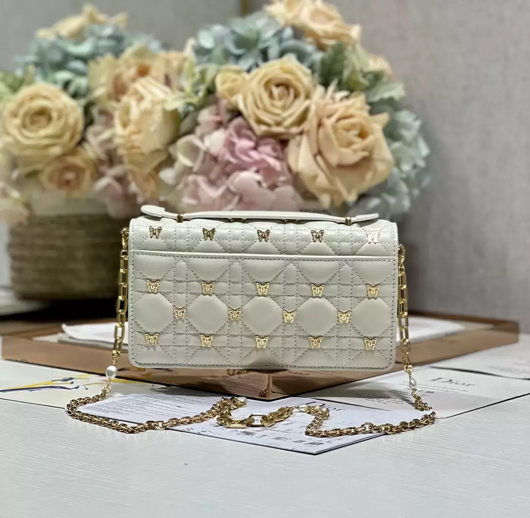My Dior Mini Bag White Cannage Lambskin with Gold-Finish Butterfly Studs