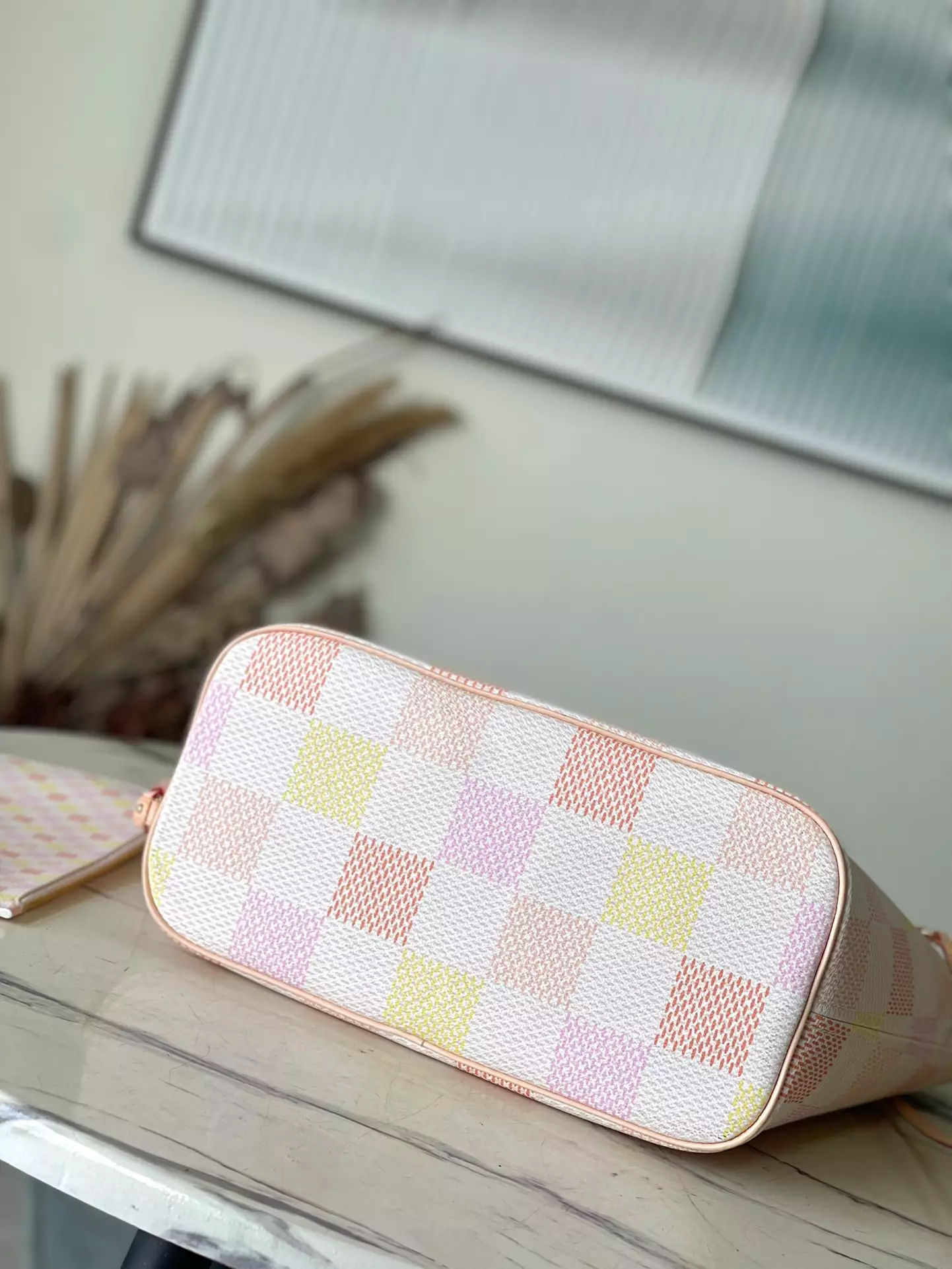 LV Neverfull MM Peach Damier Giant Canvas Tote Bag