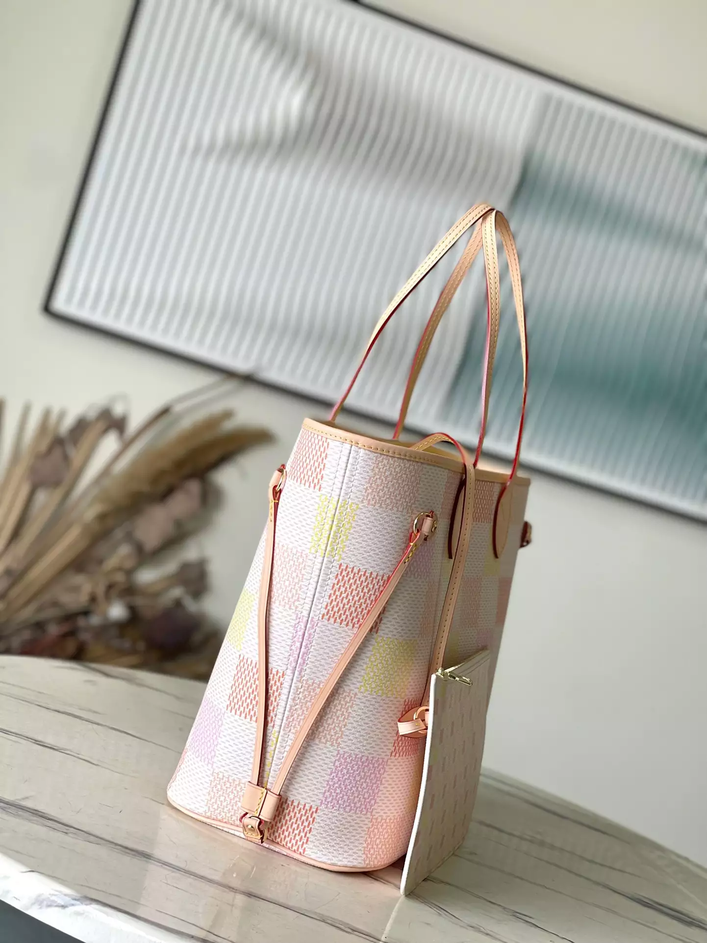 LV Neverfull MM Peach Damier Giant Canvas Tote Bag