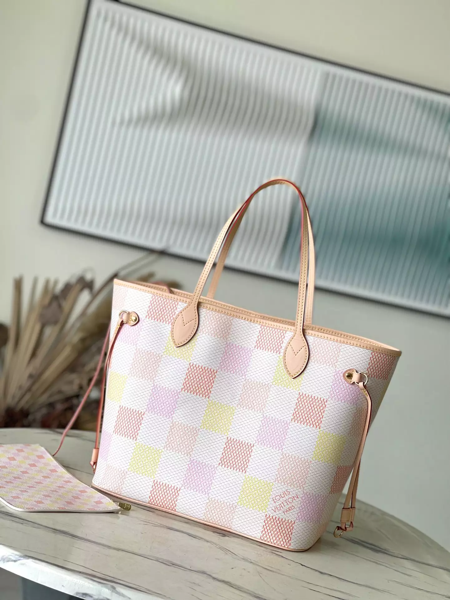 LV Neverfull MM Peach Damier Giant Canvas Tote Bag