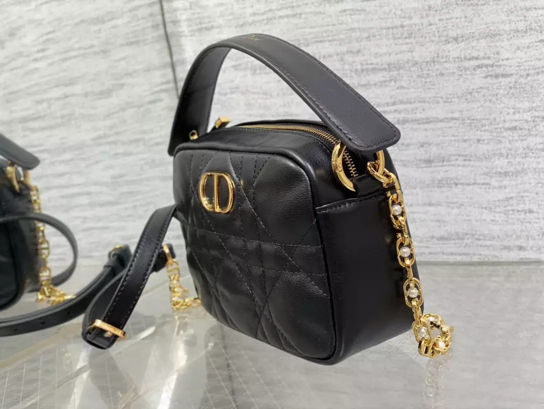 Small Dior Caro Top Handle Camera Bag Black Macrocannage Calfskin