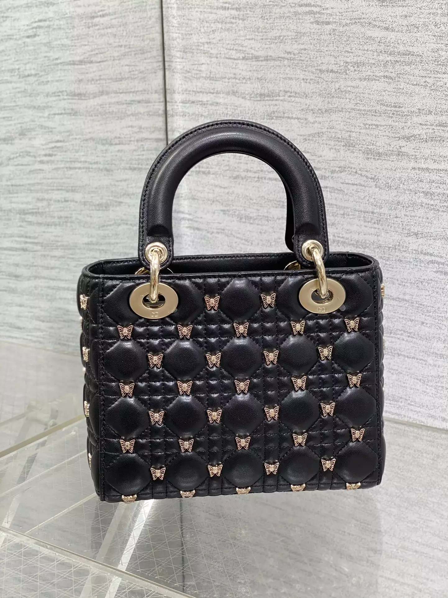 Small Lady Dior Bag Black Cannage Lambskin with Gold-Finish Butterfly Studs