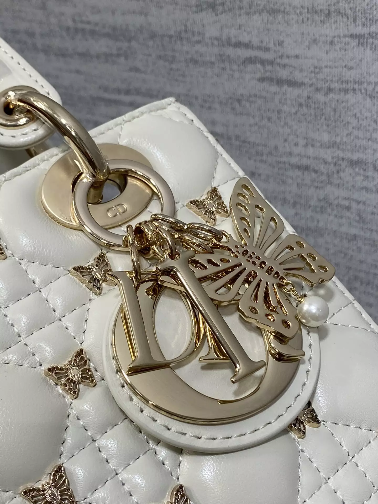 Small Lady Dior Bag White Cannage Lambskin with Gold-Finish Butterfly Studs