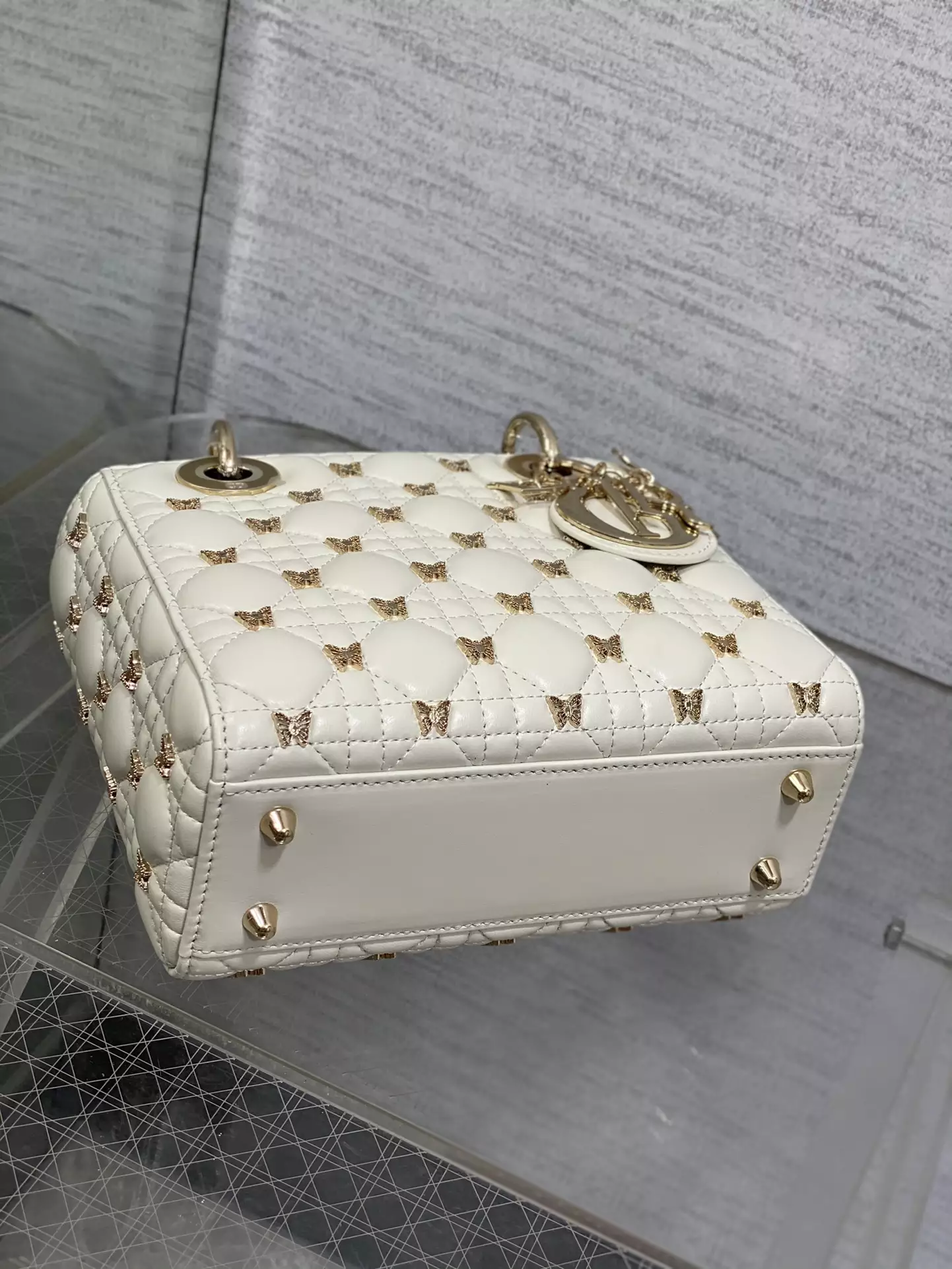 Small Lady Dior Bag White Cannage Lambskin with Gold-Finish Butterfly Studs