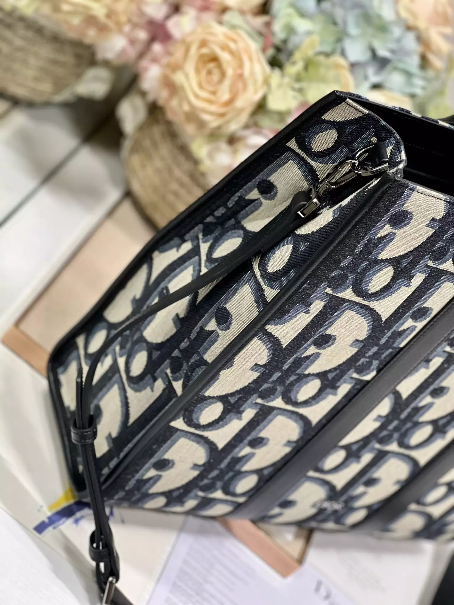 East-West Tote Bag Beige and Black Maxi Dior Oblique Jacquard