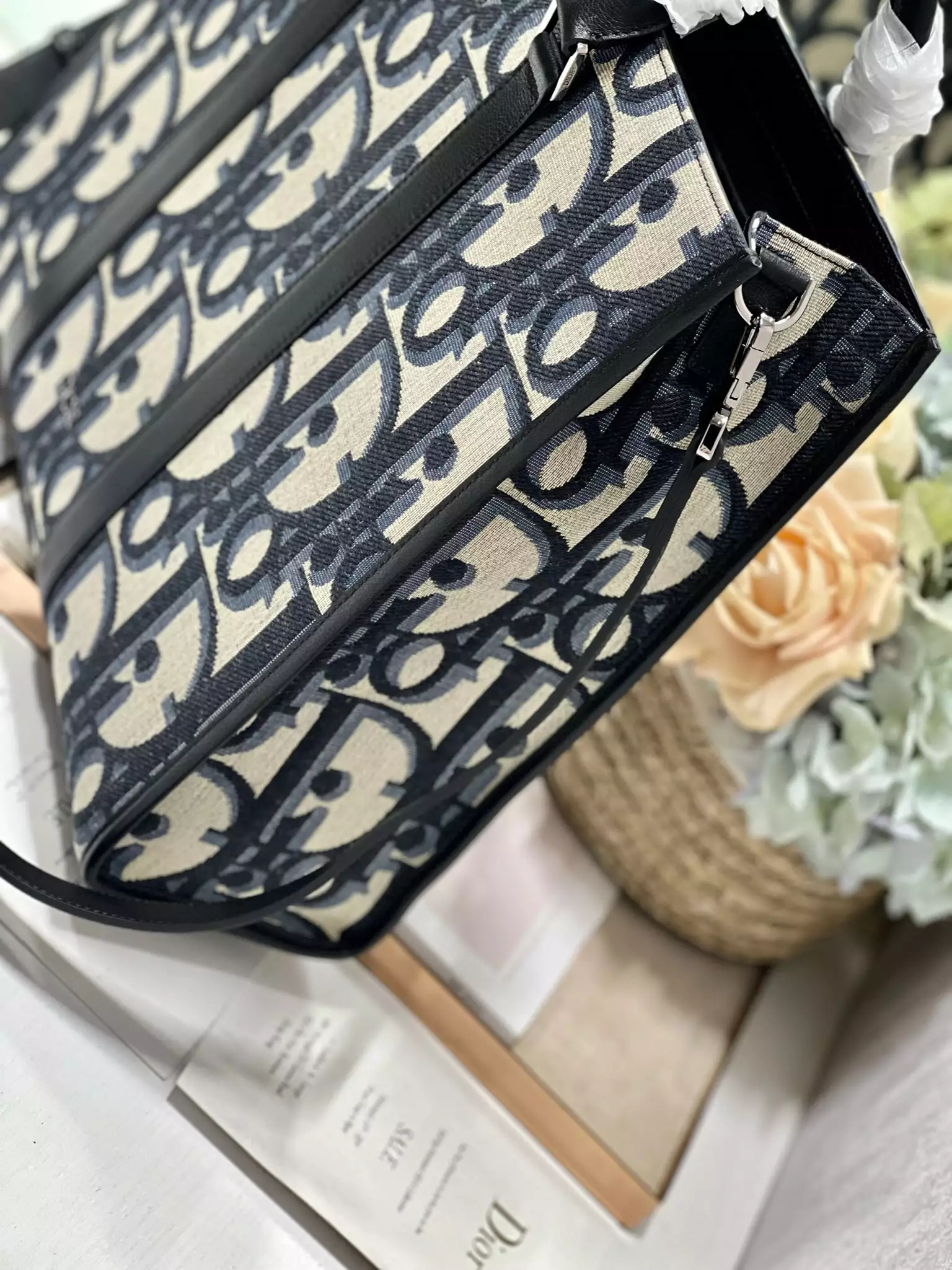East-West Tote Bag Beige and Black Maxi Dior Oblique Jacquard