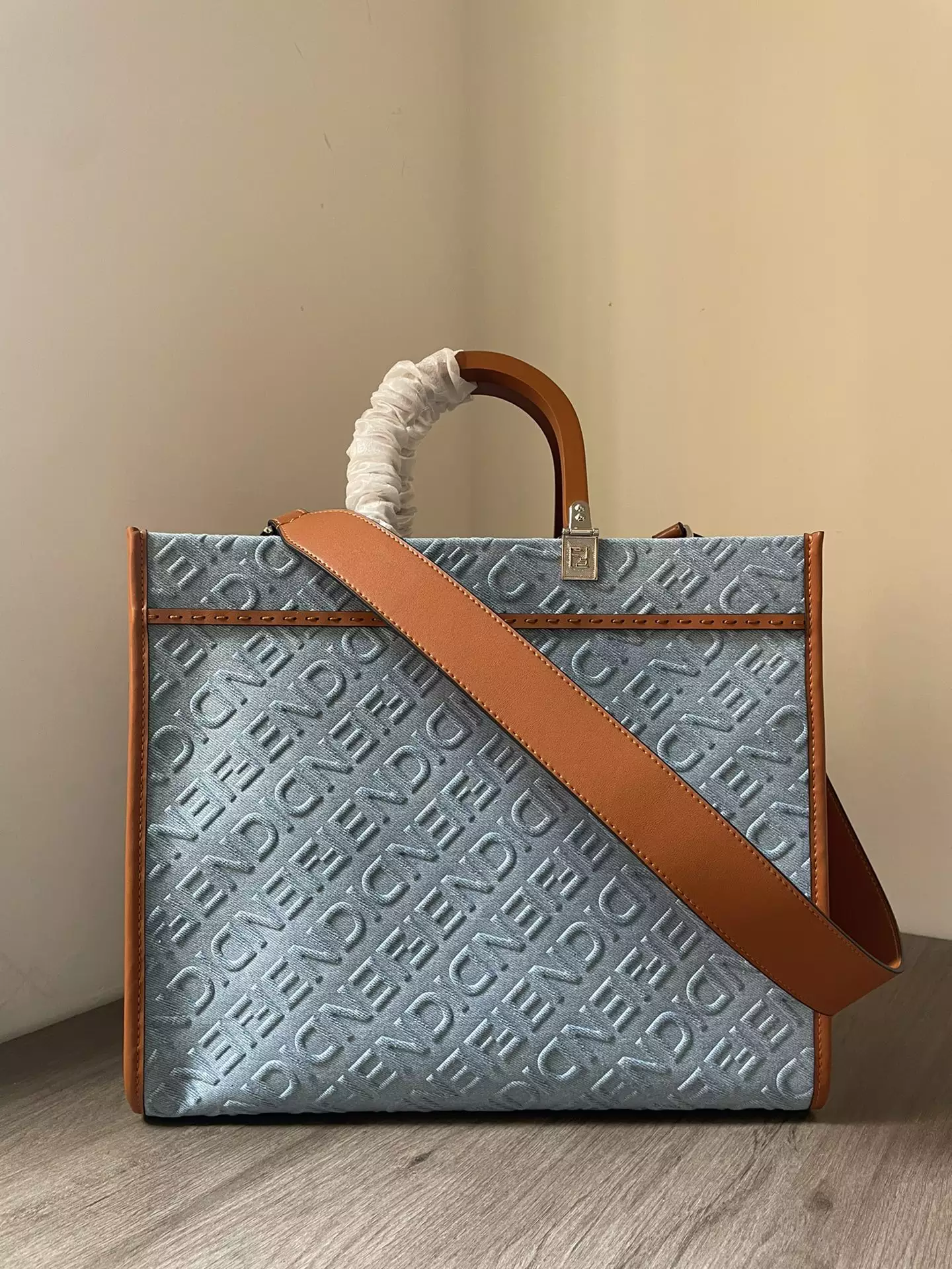 Fendi Sunshine Medium Light Blue Denim Shopper Bag