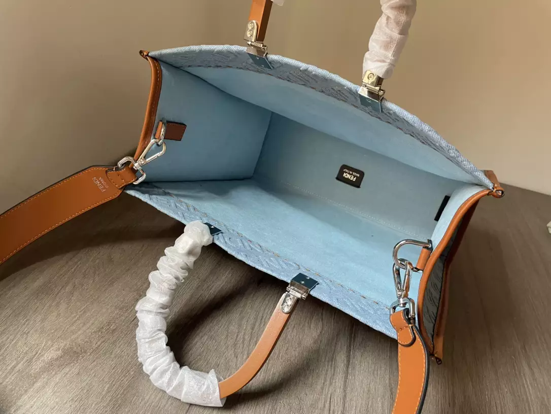Fendi Sunshine Medium Light Blue Denim Shopper Bag