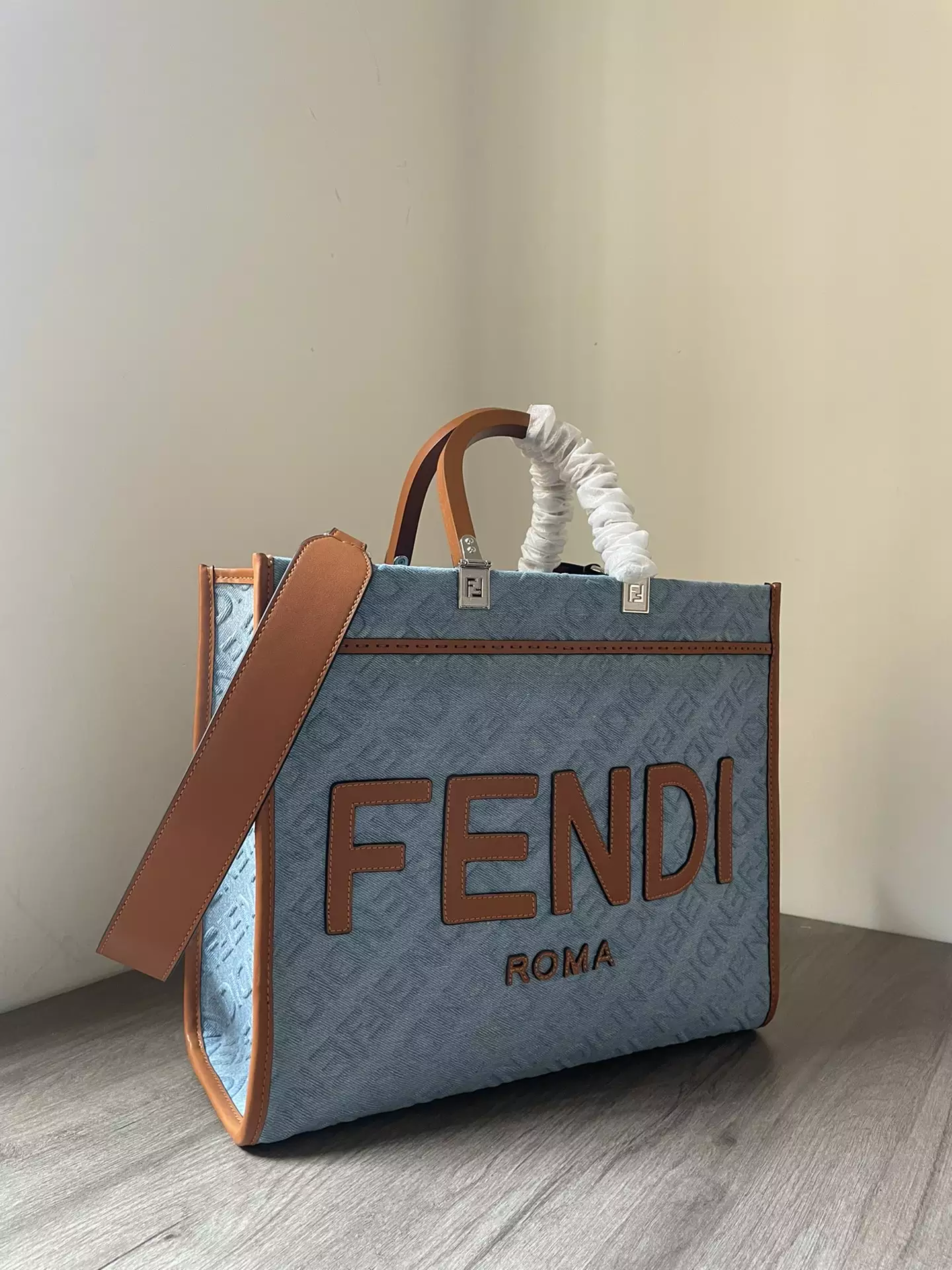 Fendi Sunshine Medium Light Blue Denim Shopper Bag