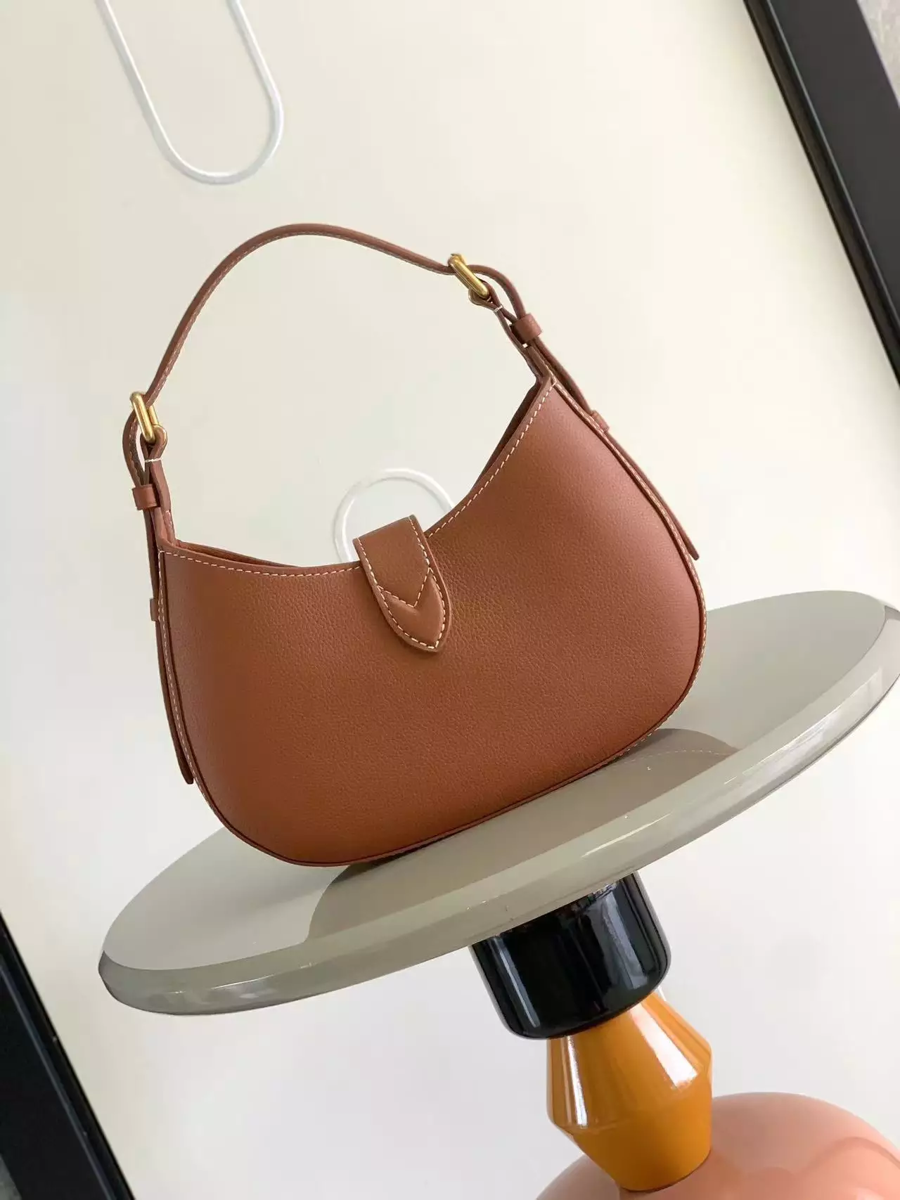 Low Key Shoulder Bag Cognac Brown Grained Calfskin
