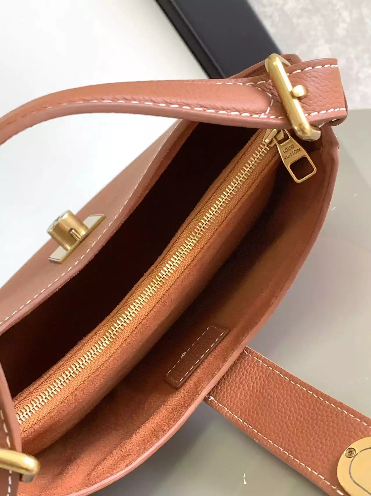 Low Key Shoulder Bag Cognac Brown Grained Calfskin