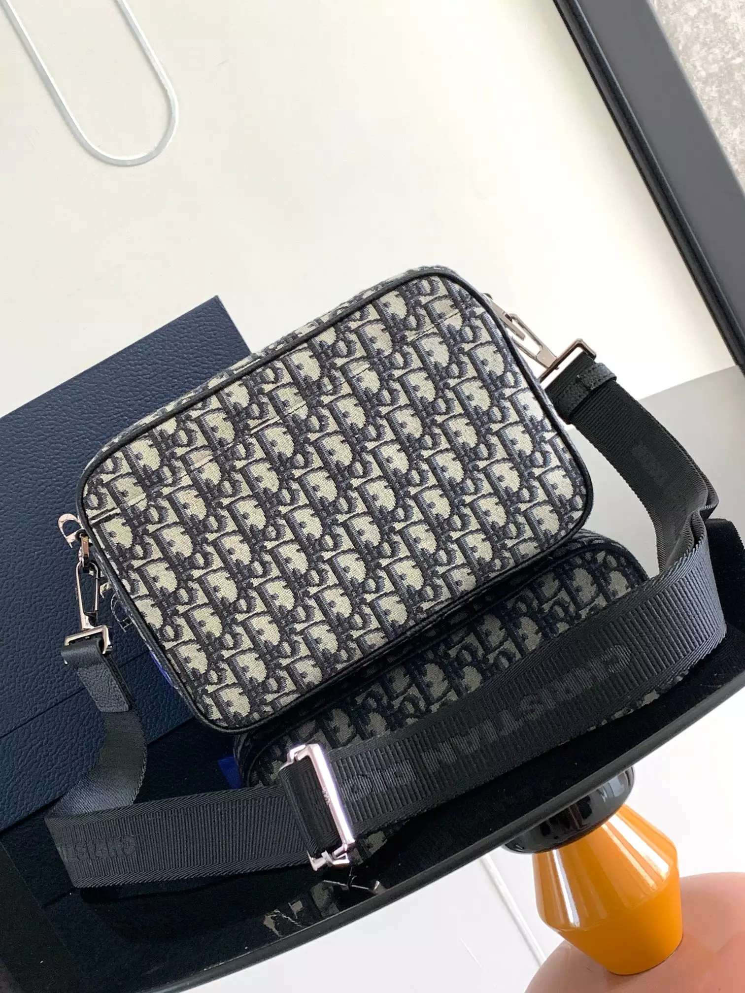 Maxi Safari Bag with Strap Beige and Black Dior Oblique Jacquard with Black Grained Calfskin