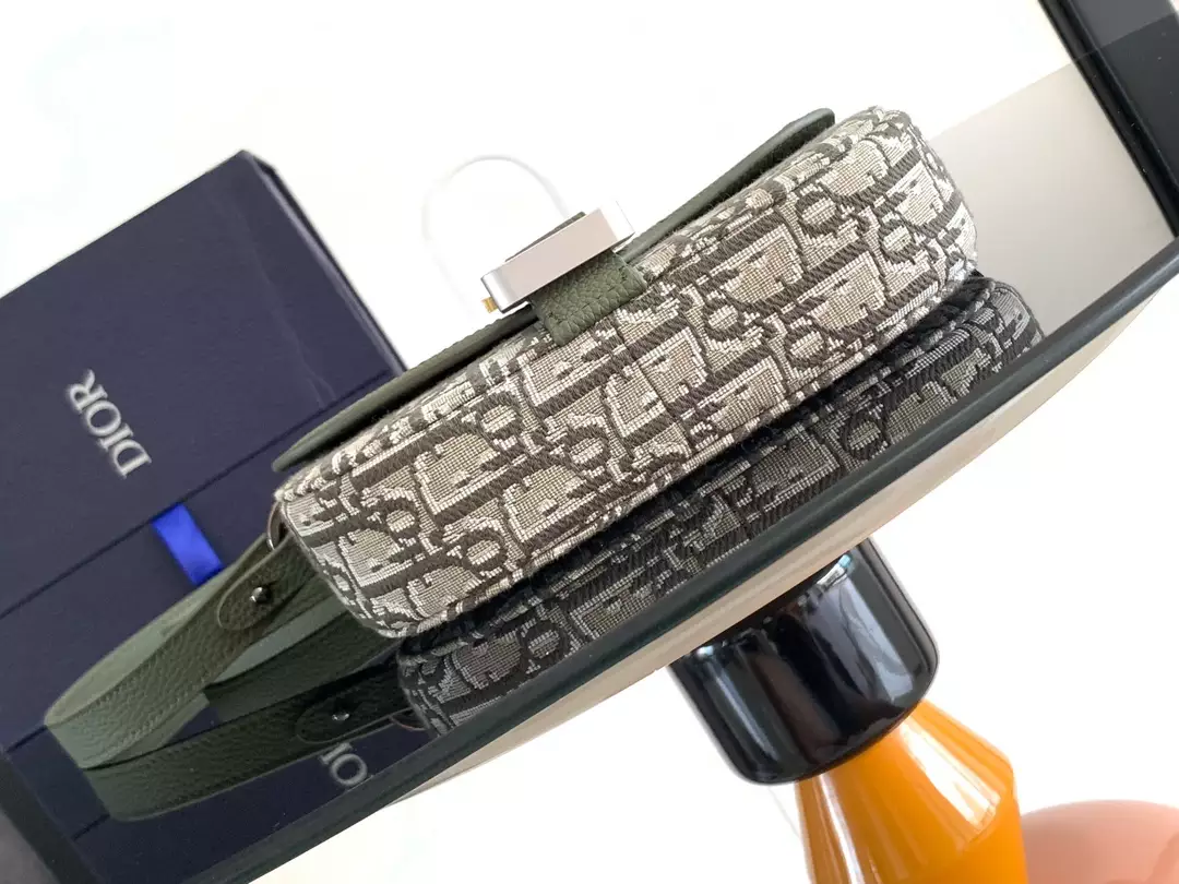 Mini Saddle Messenger Bag with Flap Khaki Dior Oblique Jacquard and Grained Calfskin