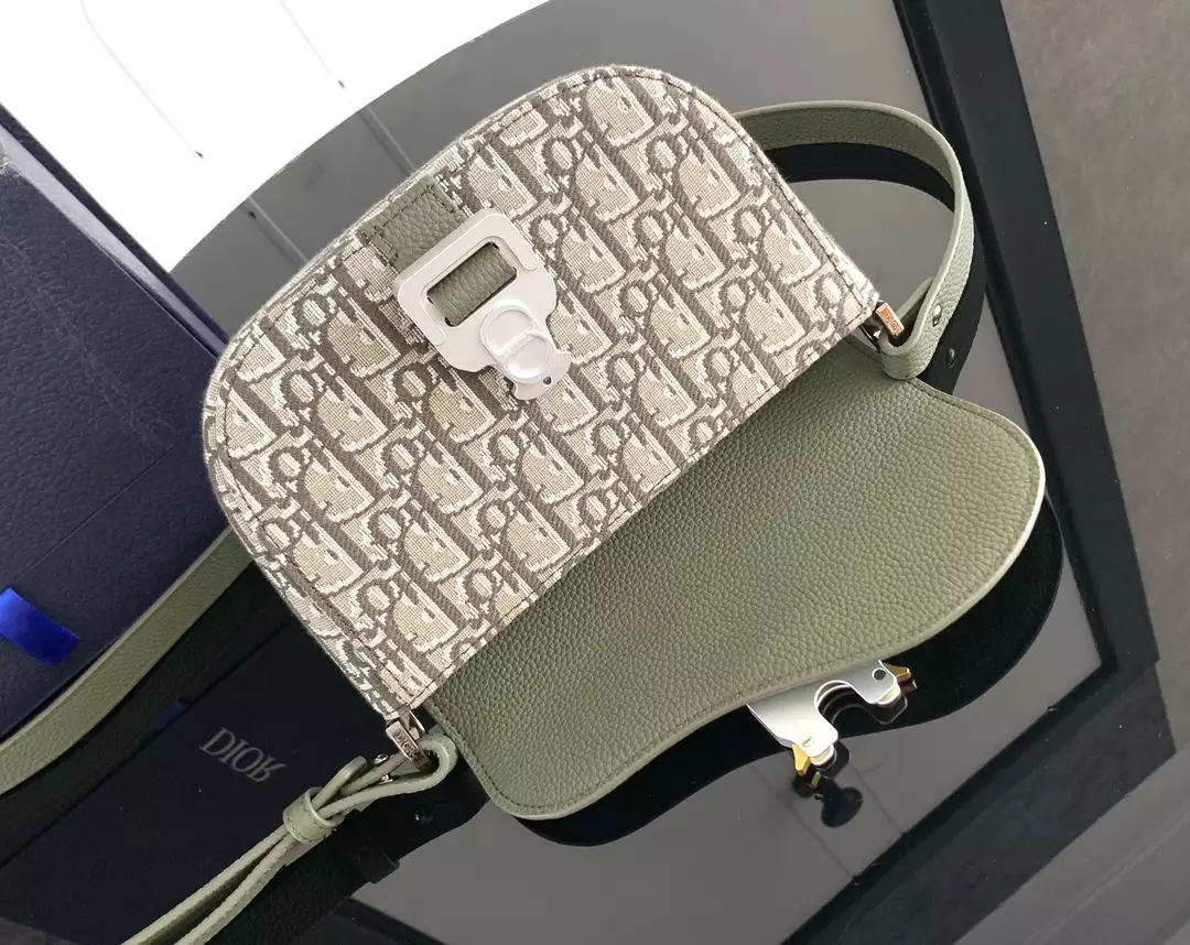 Mini Saddle Messenger Bag with Flap Khaki Dior Oblique Jacquard and Grained Calfskin