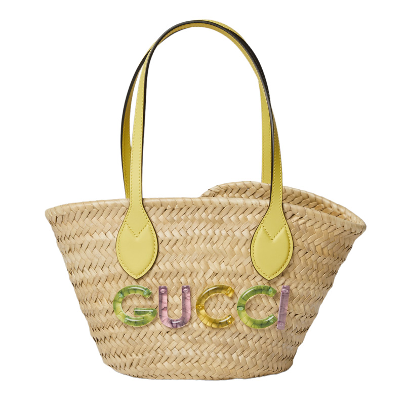 Mini Straw Tote with Gucci Logo in Natural Woven Straw