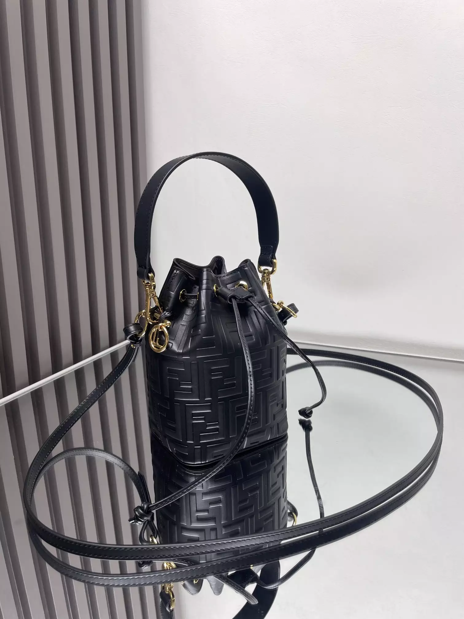 Mon Tresor Black Leather Mini Bag with FF Embroidery