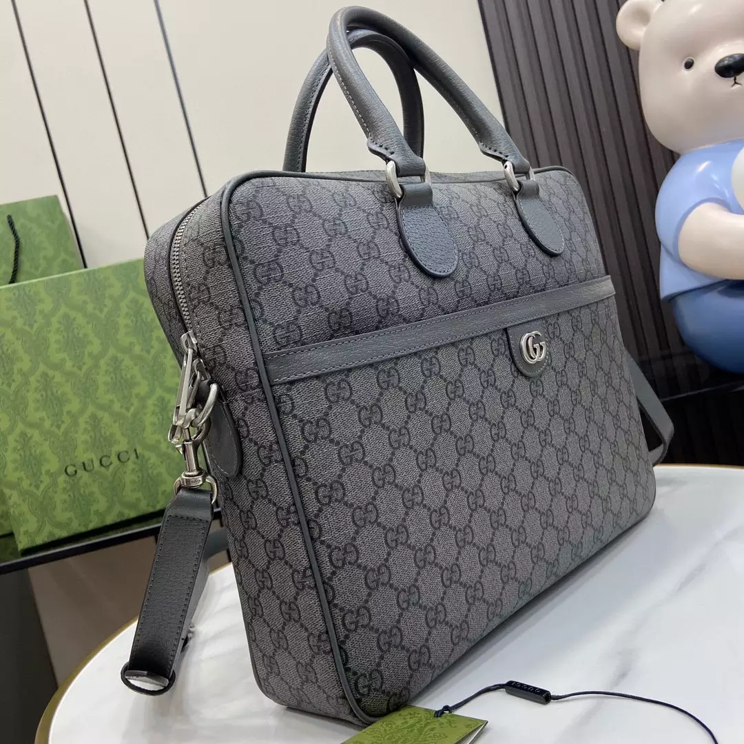 Ophidia Medium GG Briefcase in Dark Grey and Black GG Supreme
