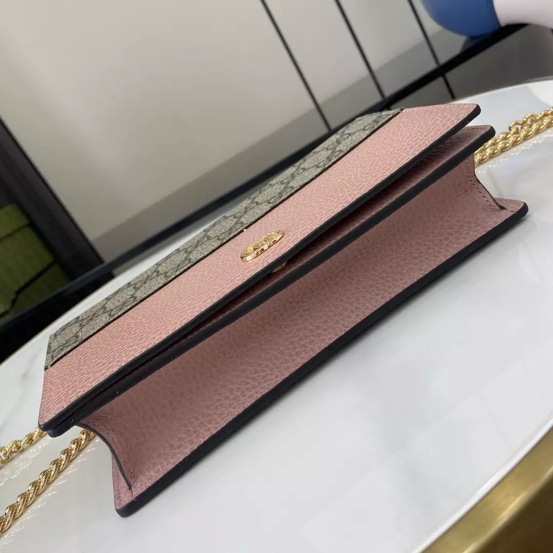 GG Marmont Chain Wallet in Ebony Supreme and Pink Leather
