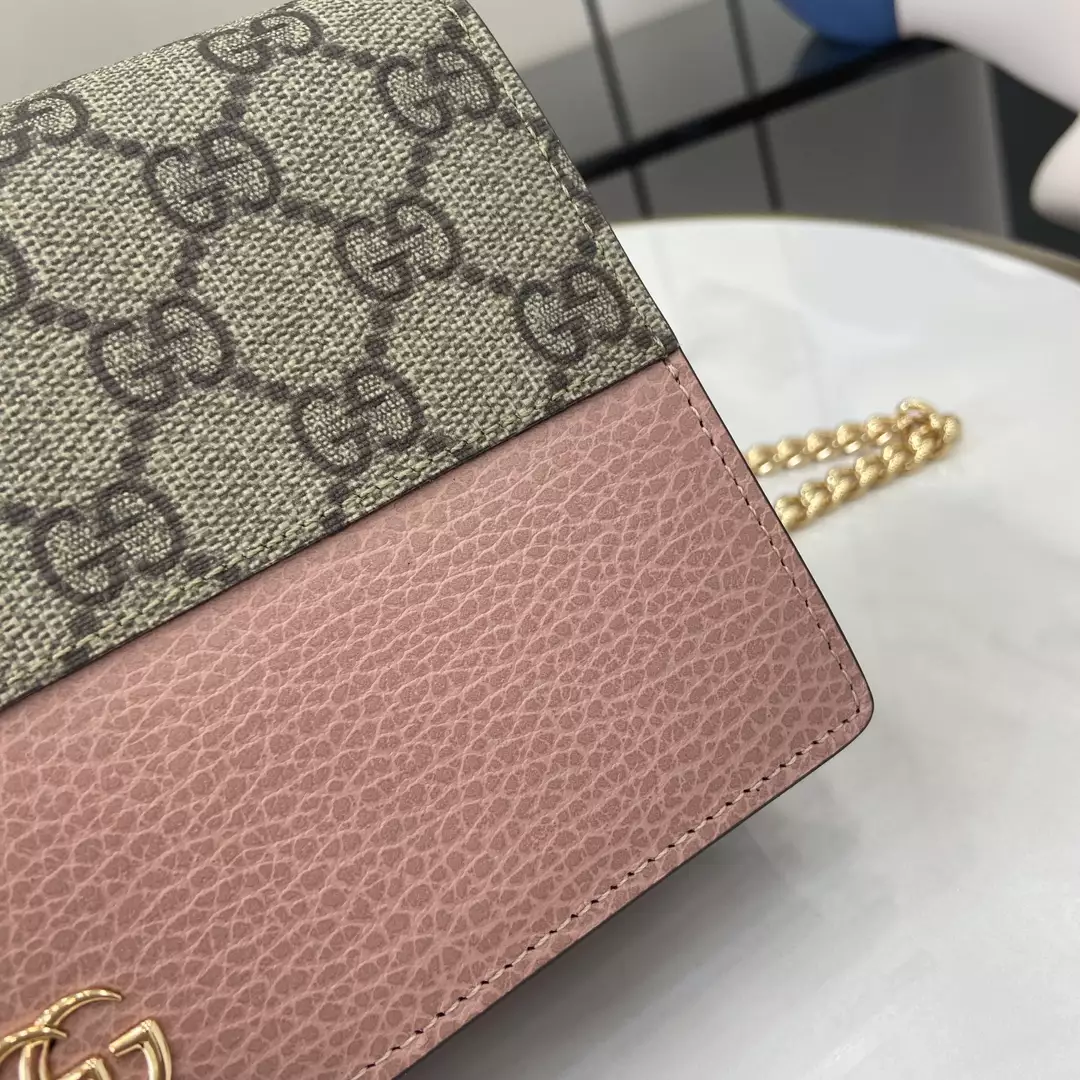GG Marmont Chain Wallet in Ebony Supreme and Pink Leather