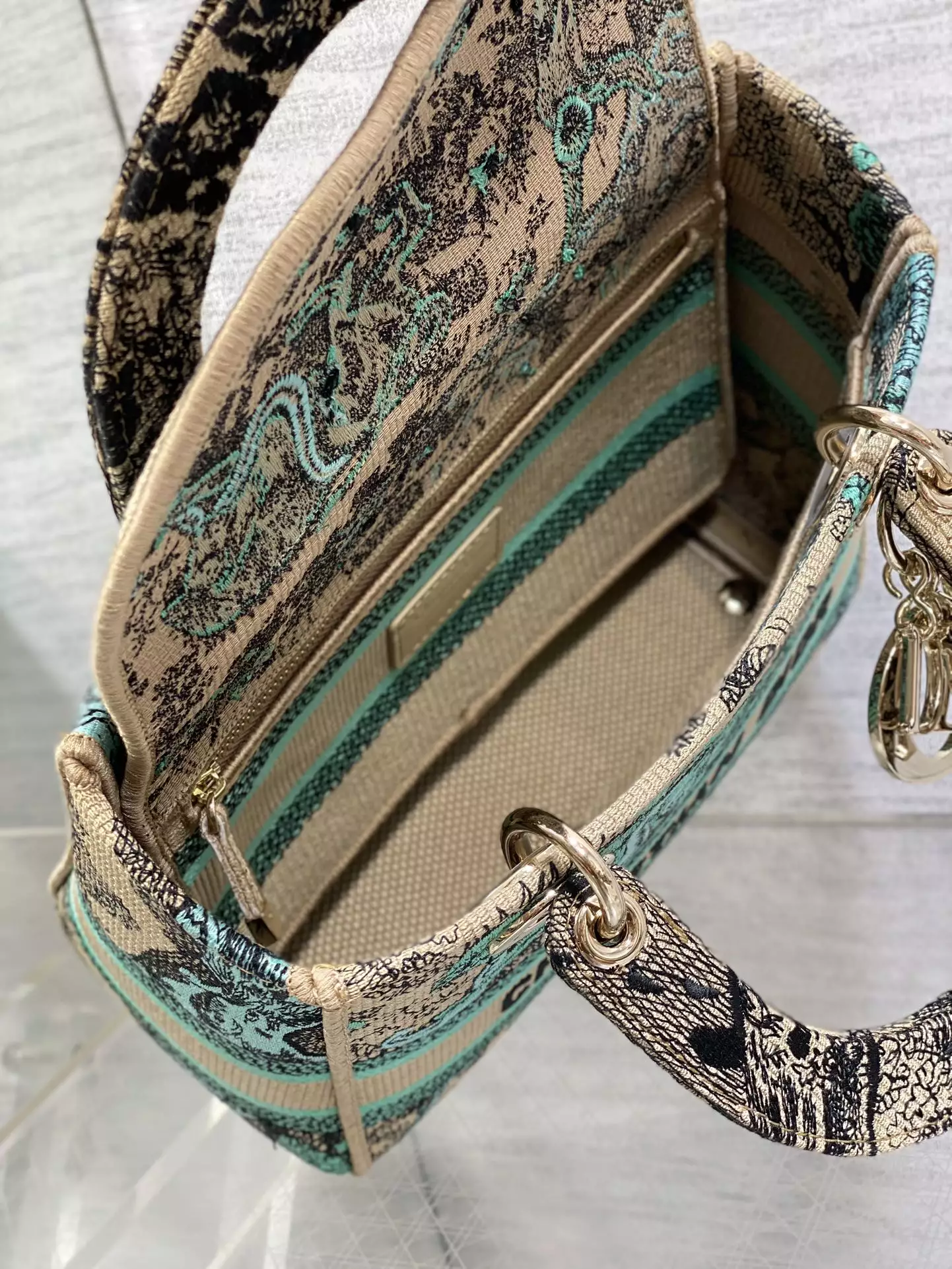 Medium Dioriviera Lady D-Lite Bag Raffia with Aquamarina Toile de Jouy Sauvage Embroidery