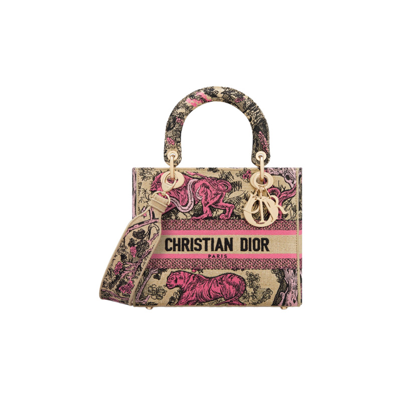 Medium Dioriviera Lady D-Lite Bag Raffia with Candy Pink Toile de Jouy Sauvage Embroidery