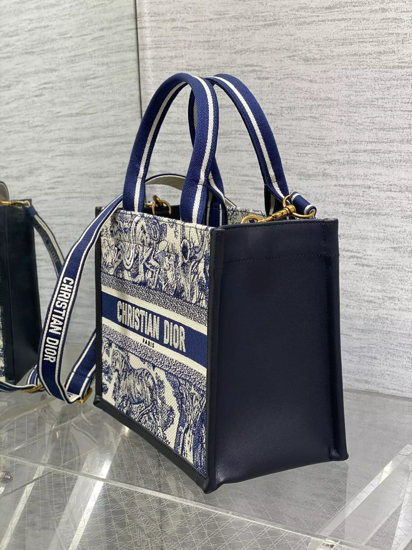 Small Dior Book Tote White and Navy Blue Toile de Jouy Sauvage Embroidery with Navy Blue Calfskin